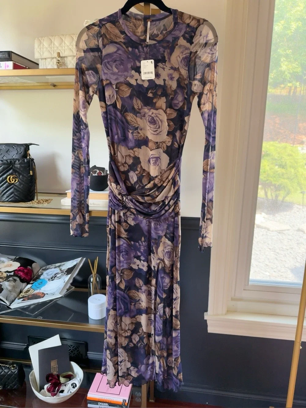 Free People Floral Mesh Maxi Dress S NWT $168 Purple Ruched